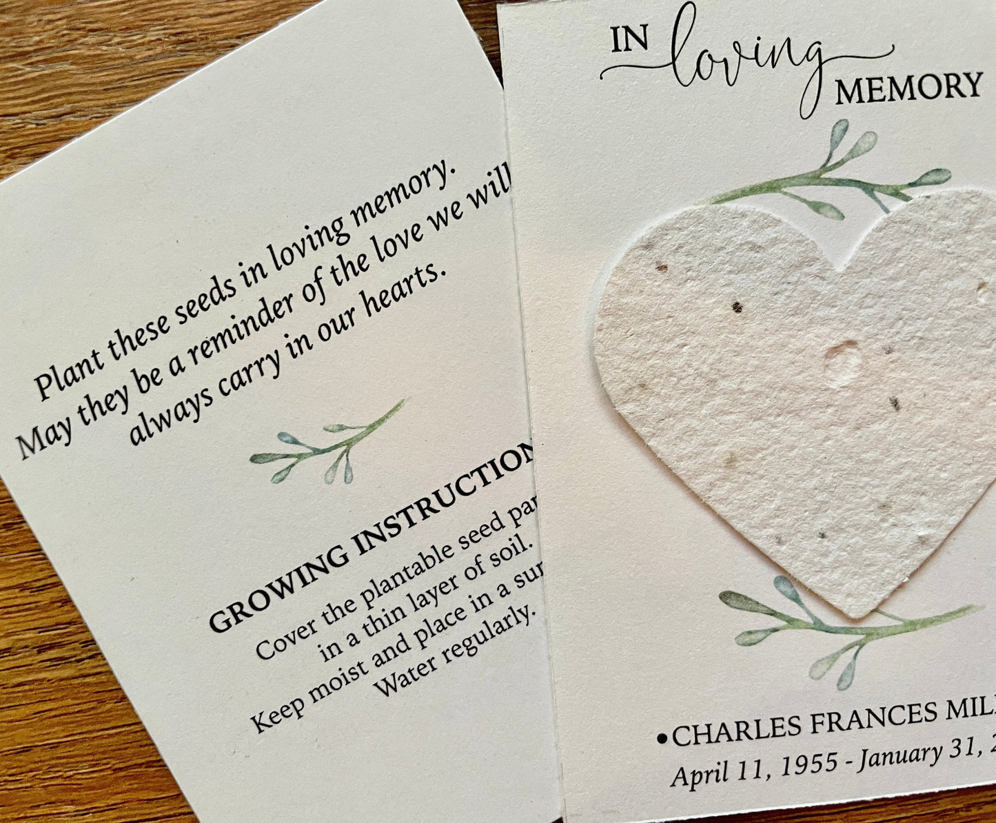 Personalized Memorial Card with Heart-Shaped Seed Paper - Eco-Friendly Tribute