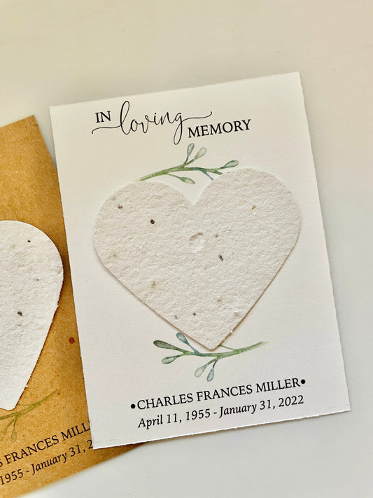 Personalized Memorial Card with Heart-Shaped Seed Paper - Eco-Friendly Tribute