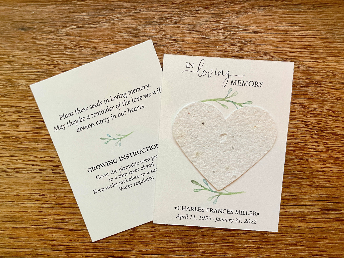 Personalized Memorial Card with Heart-Shaped Seed Paper - Eco-Friendly Tribute